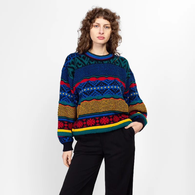 Lrg-XL 80s Primary Color Striped Knit Sweater