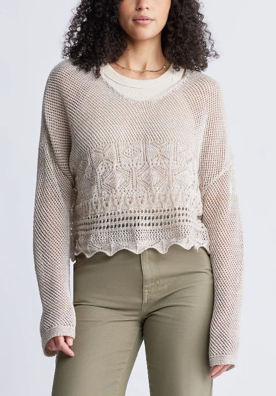 Cornelia Women's Crochet Cropped Sweater, Tan - SW0056S