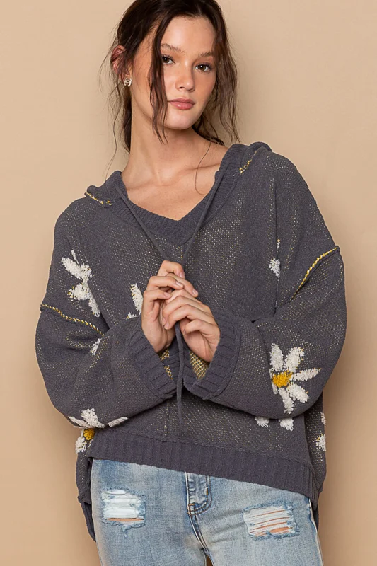 Charcoal Daisy Patterned  Hoodie Sweater