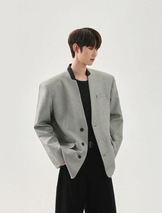 Cool Style Houndstooth Collarless Shoulder Pad Blazer