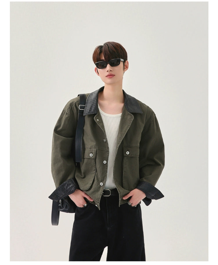 Retro Stripes PU Leather Patchwork Denim Jacket