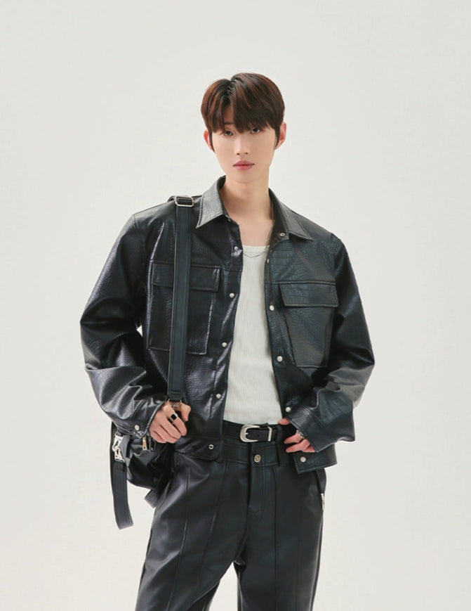 Street Vertical And Horizontal Design PU Leather Snake Print Jacket