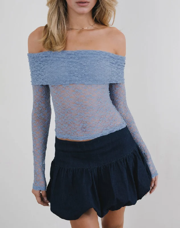 Minimal Style Nesta Bardot Top in Unlined Lace Blue