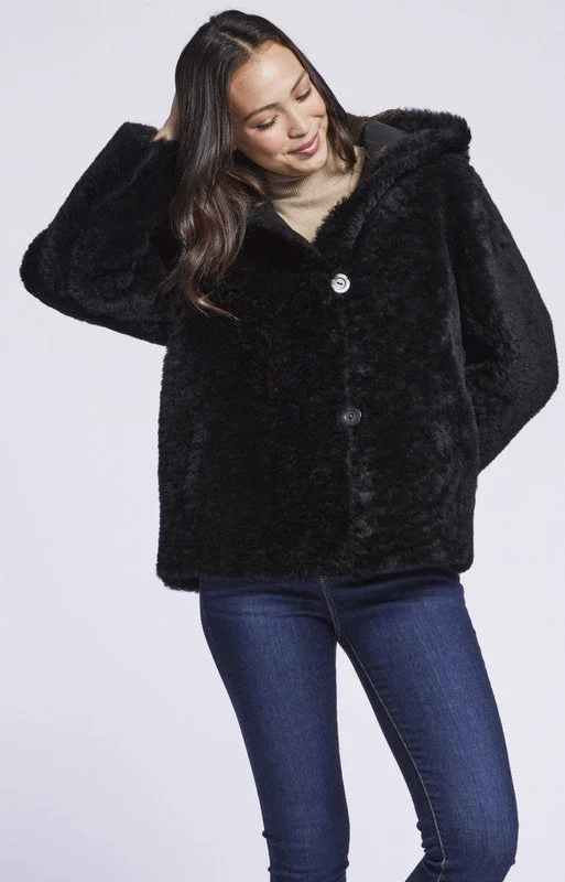 Versatile Style 399HDB  Reversible hooded shearling jacket in black   soldout