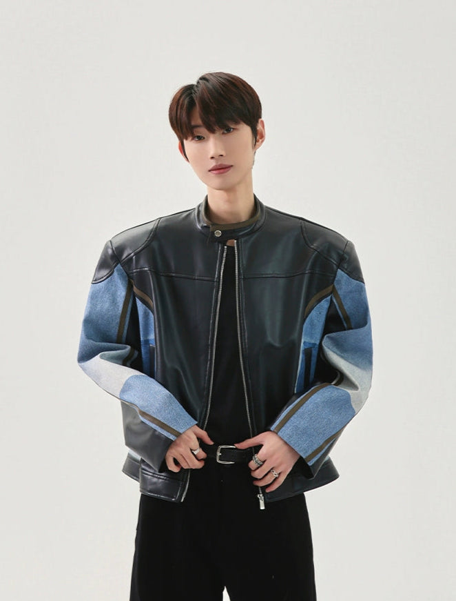 Street Sports Style Denim Stitching PU Leather Jacket