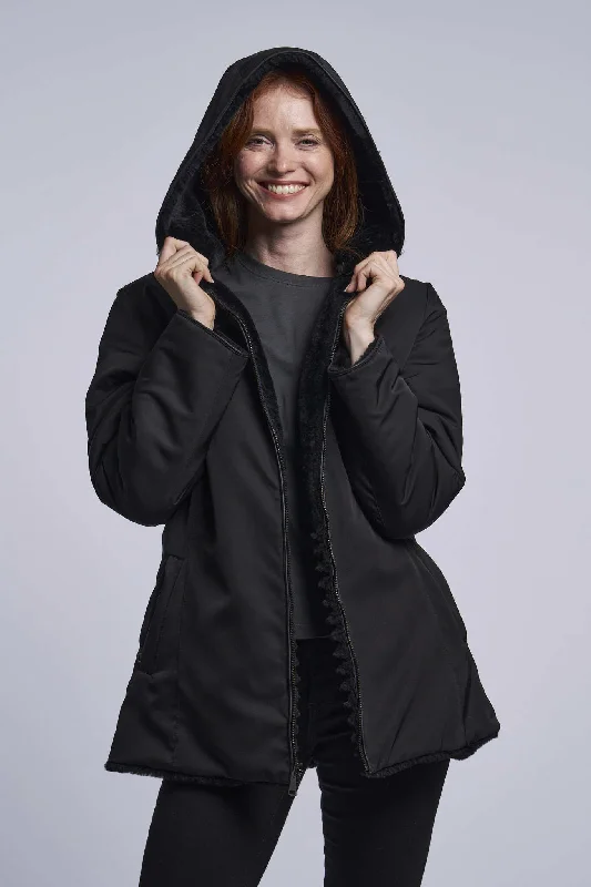 Retro Style 431HD Genuine shearling hooded coat reverses to all weather micro-fiber Retro Style 431HD Genuine shearling hooded coat reverses to all weather micro-fiber