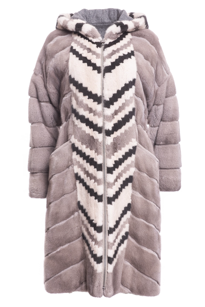Creative Style Hooded Reversible Silver Blue & Multi-Color Tuxedo Mink Fur Coat