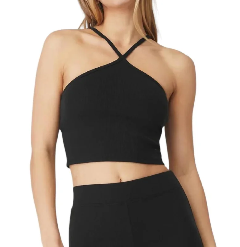 Goddess Ribbed Cross Crop Halter Bra Top In Black