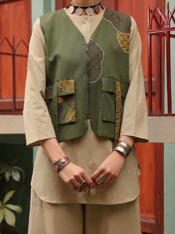 Fashion Touch Green Mehndi Cambric Waistcoat - AL-LK-LCT-917