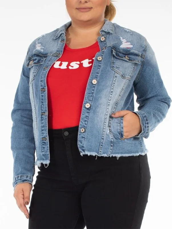 Fashionable In The Times Curvy Claire Slightly Distressed Denim Jacket By KanCan