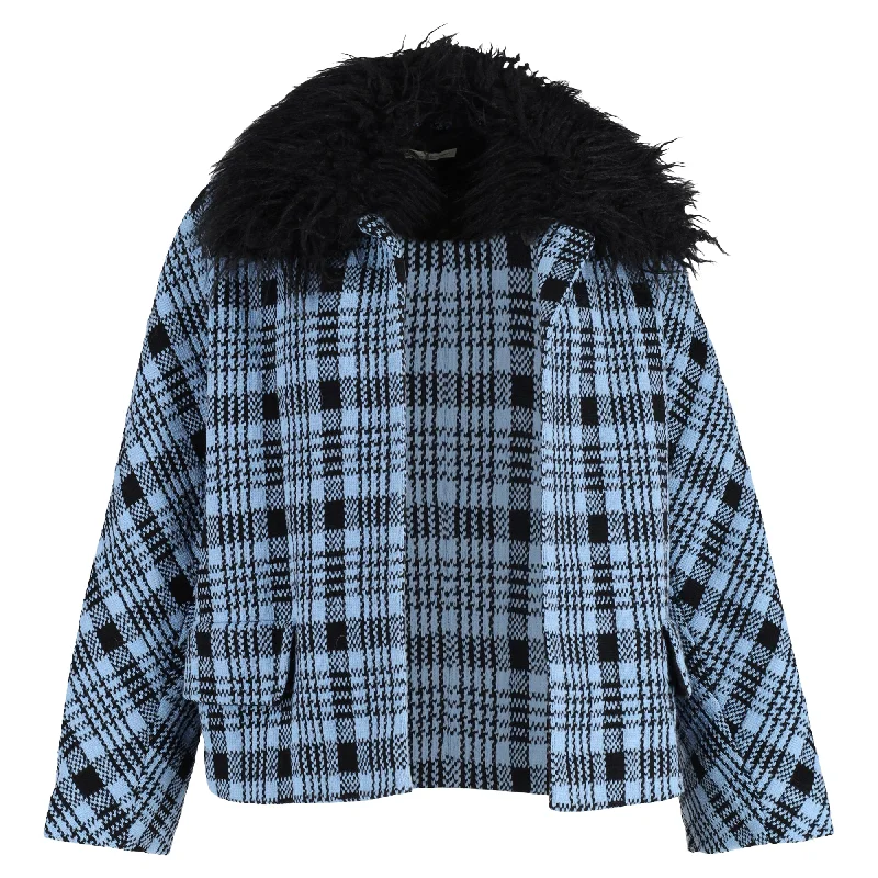 Fresh Comfort Dries Van Noten Open Plaid With Fur Jacket in Blue Wool