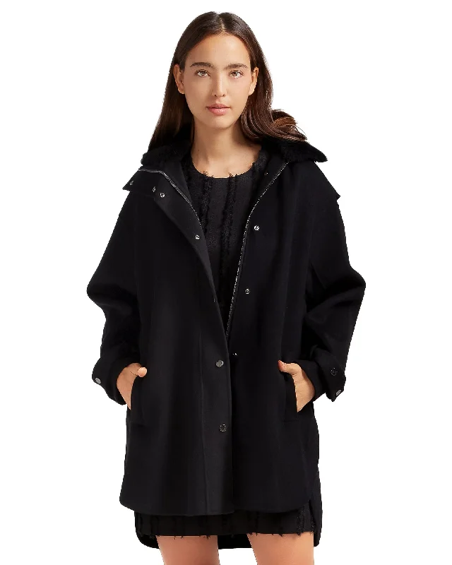 Celebrity Style Heavy Hearted Detachable Hooded Coat - Black