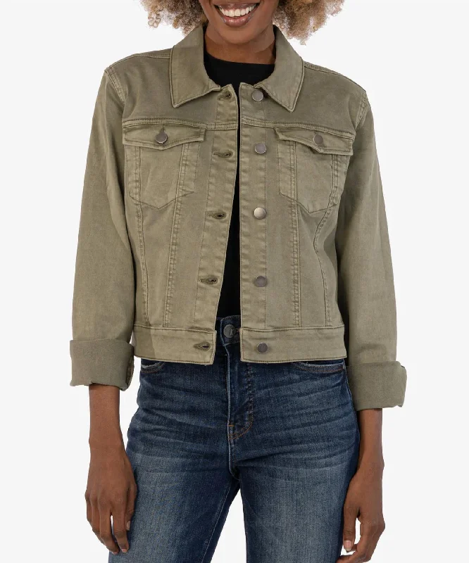Casual Choice Julia Crop Denim Jacket In Olive