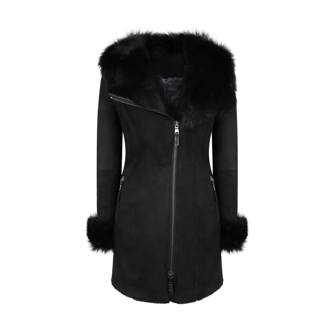 Basic Comfort Ladies 3/4 Genuine Sheepskin Coat Black Soft Suede Outer Fitted Merino