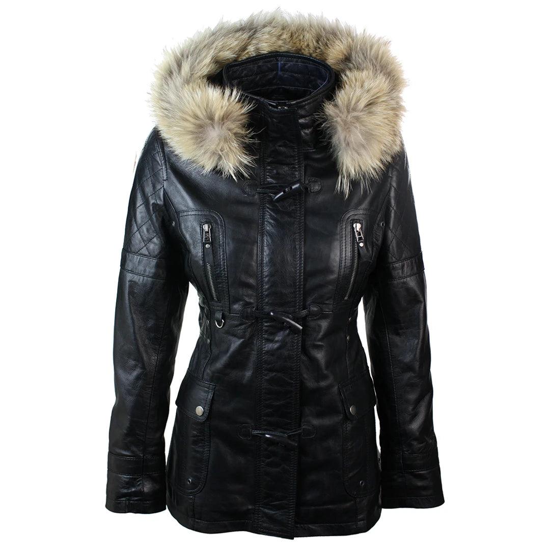 Leisure Sports Ladies Real Leather Black Trench Mid Length Hooded Winter Retro Duffle Jacket Leisure Sports Ladies Real Leather Black Trench Mid Length Hooded Winter Retro Duffle Jacket