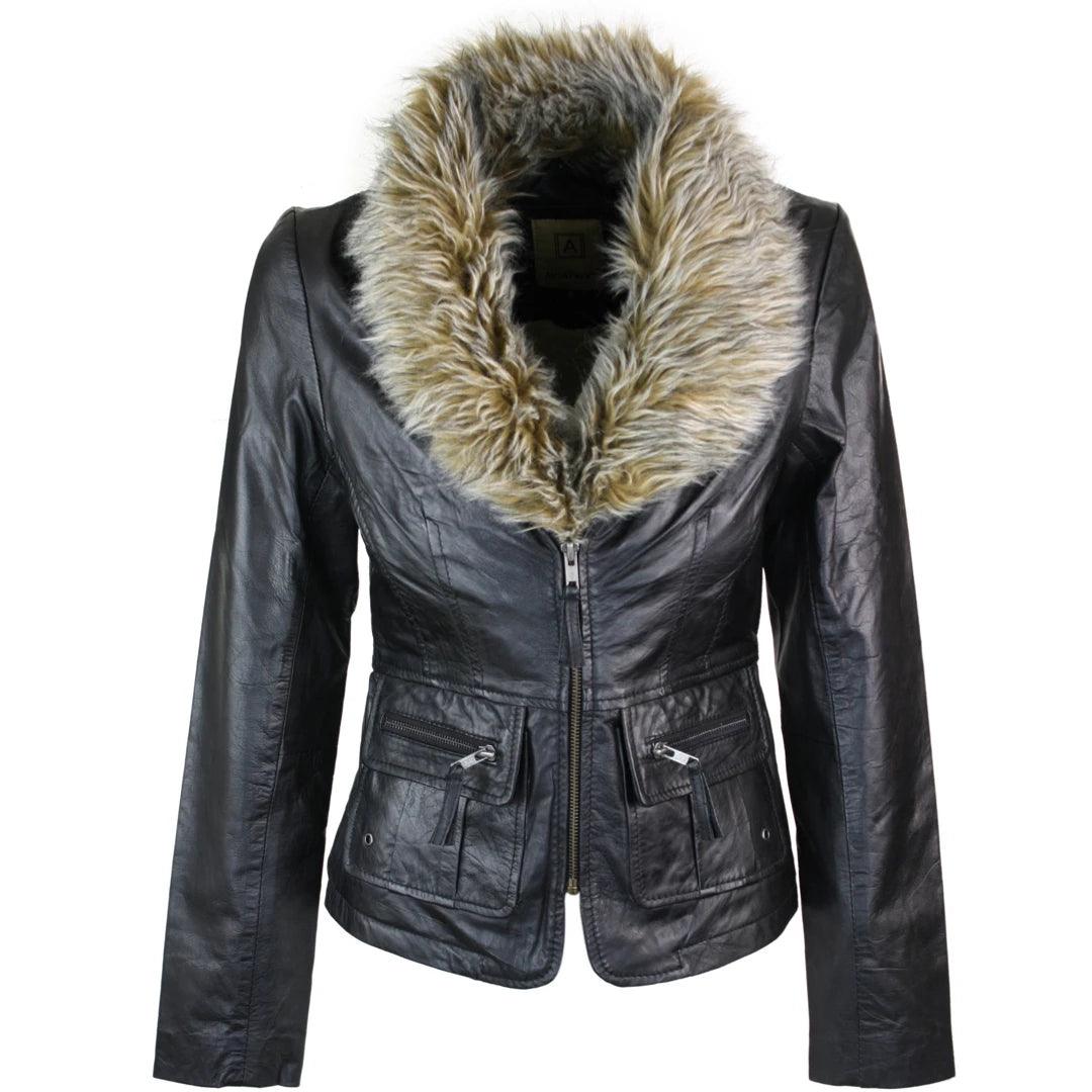 Exclusive Customization Ladies Real New Vintage Short Black Leather Jacket Coat Faux Fur Collar