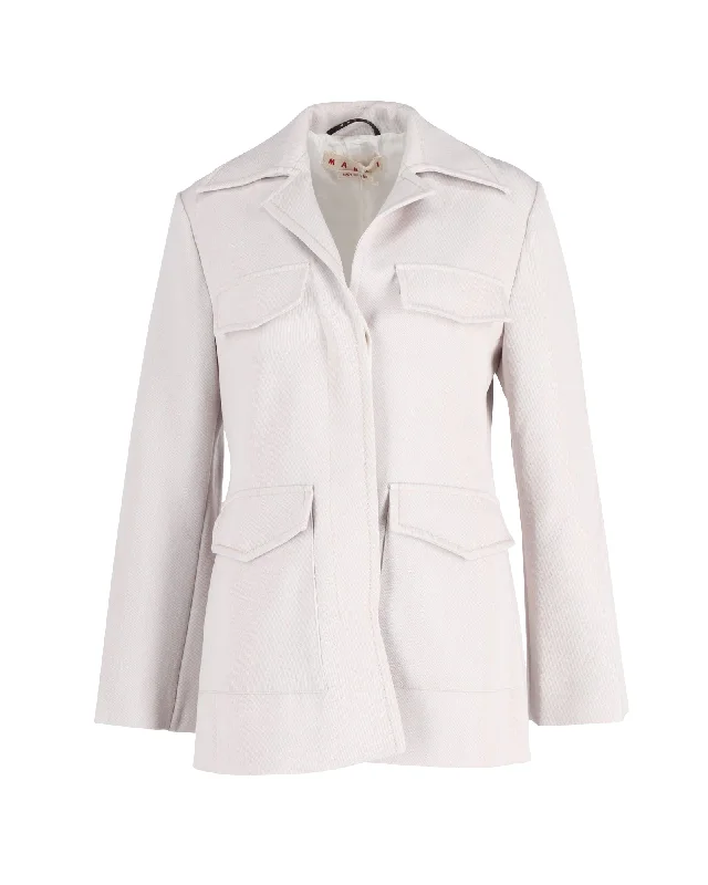 Marni Spread Collar Flap Pocket Jacket in Off White Wool Polyester Blend