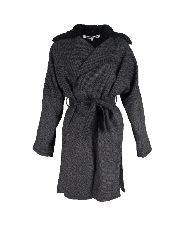 Editorial Design McQ Faux Fur Collar Check Kimono Wrapped Coat in Grey Wool