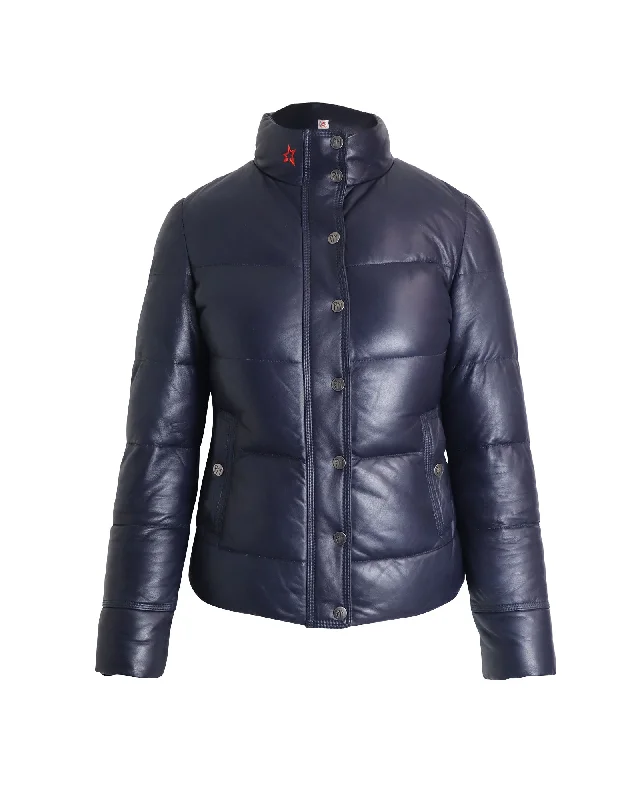 Layered Style Perfect Moment Quilted Puffer Jacket in Navy Blue Lambskin Leather