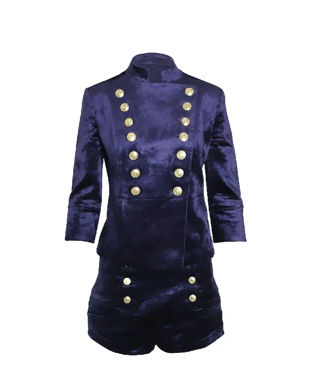 Fresh And Simple Pierre Balmain Military Blazer and Shorts Set in Blue Velvet