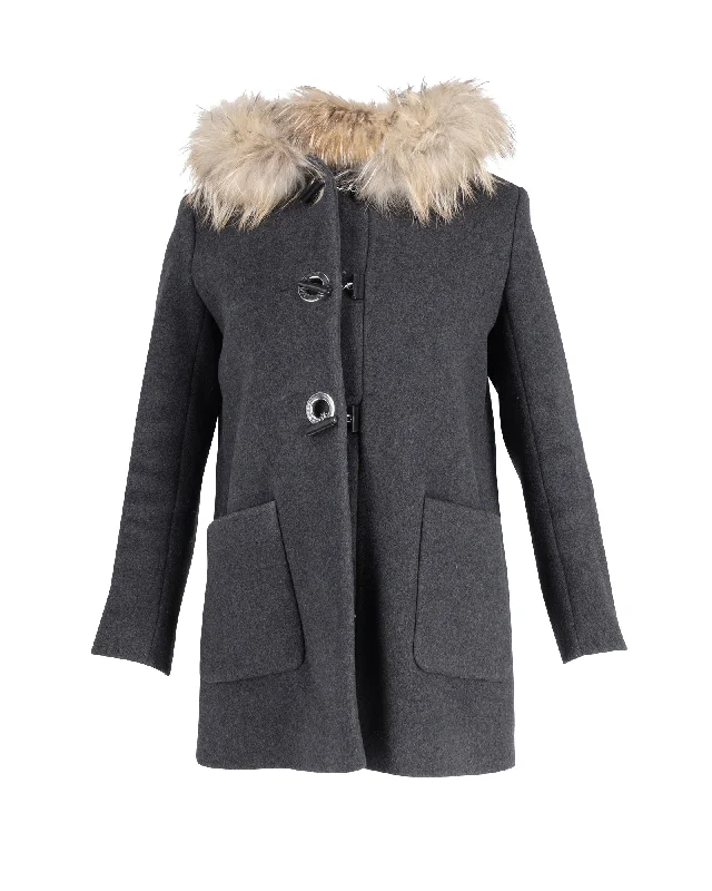 Street Show-off Style Sandro Fur Trimmed Hooded Coat in Grey Wool