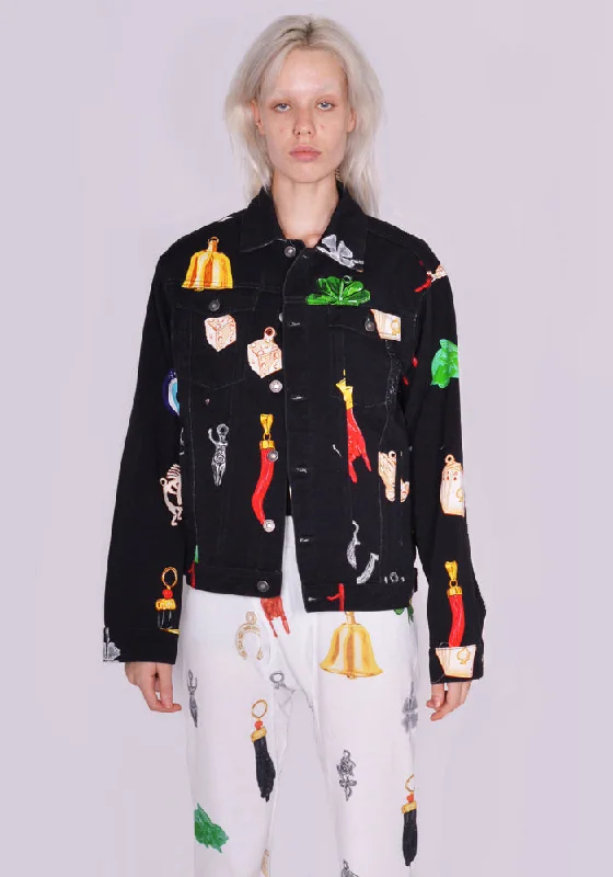 Stylish Wear SKY HIGH FARM SHF04J005-1 UNISEX CHARM PRINT DENIM JACKET WOV BLACK