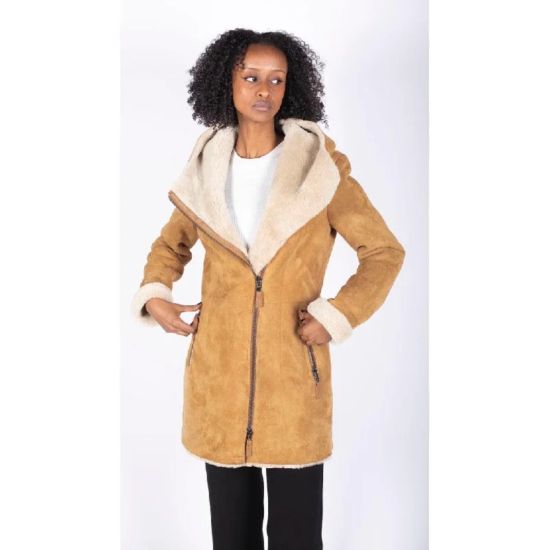 Womens 3/4 Mid Length Real Sheepskin Camel Cream Vintage Toscana Suede Hood Coat