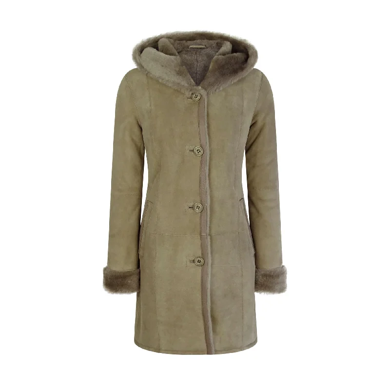Effortless Wear Womens Beige 3/4 Long Hood Real Morino Sheepskin Jacket Button Brown