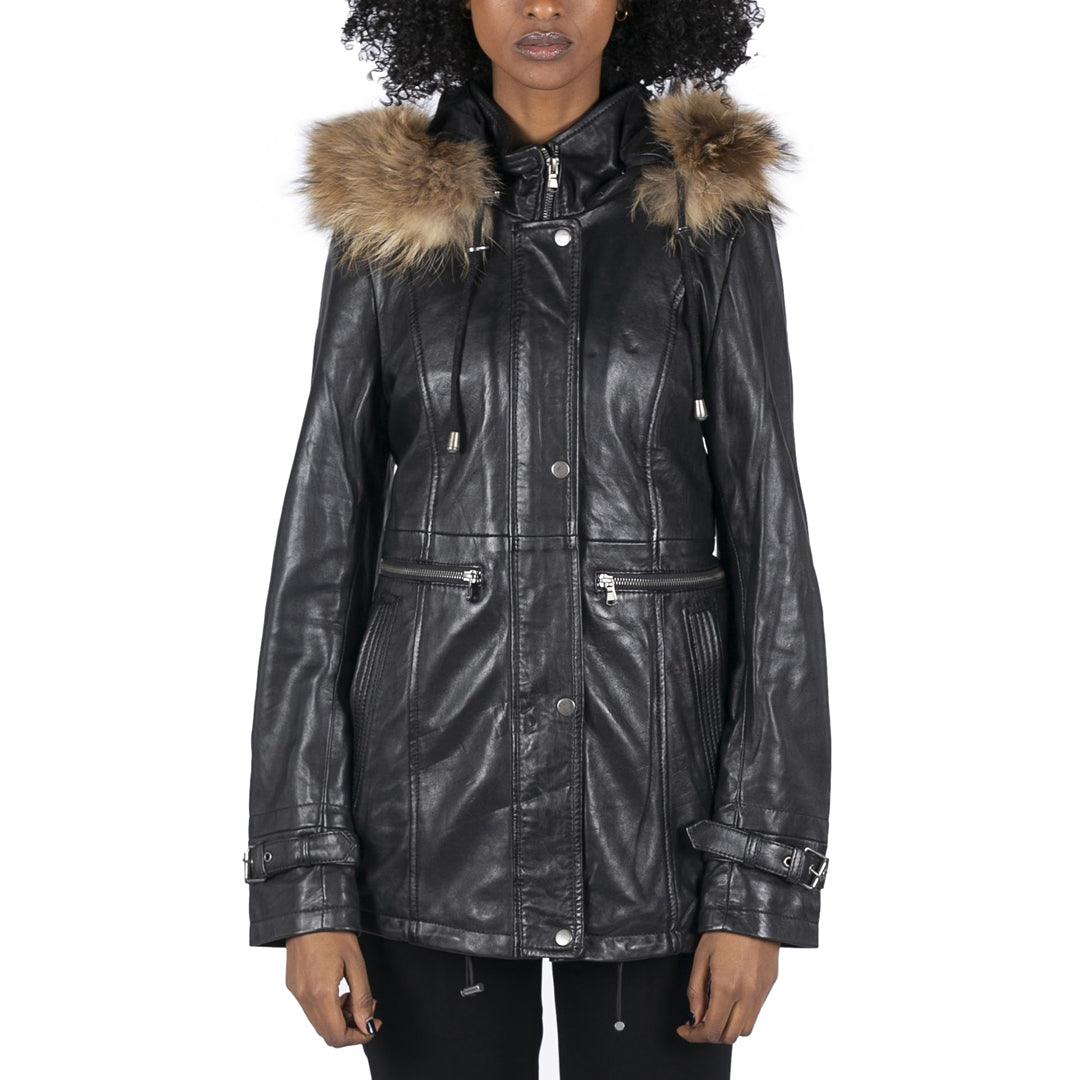 Breathable Style Womens Real Leather Parka Coat 3/4 Removable Hood Fur Button Cover Zipped