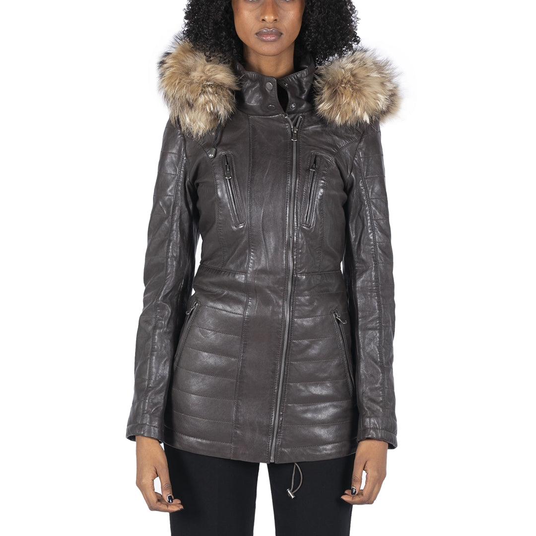 Retro Style Womens Real Leather Parka Jacket 3/4 Fur Hood Zipped Brown Tan Grey Tailored Fit Retro Style Womens Real Leather Parka Jacket 3/4 Fur Hood Zipped Brown Tan Grey Tailored Fit