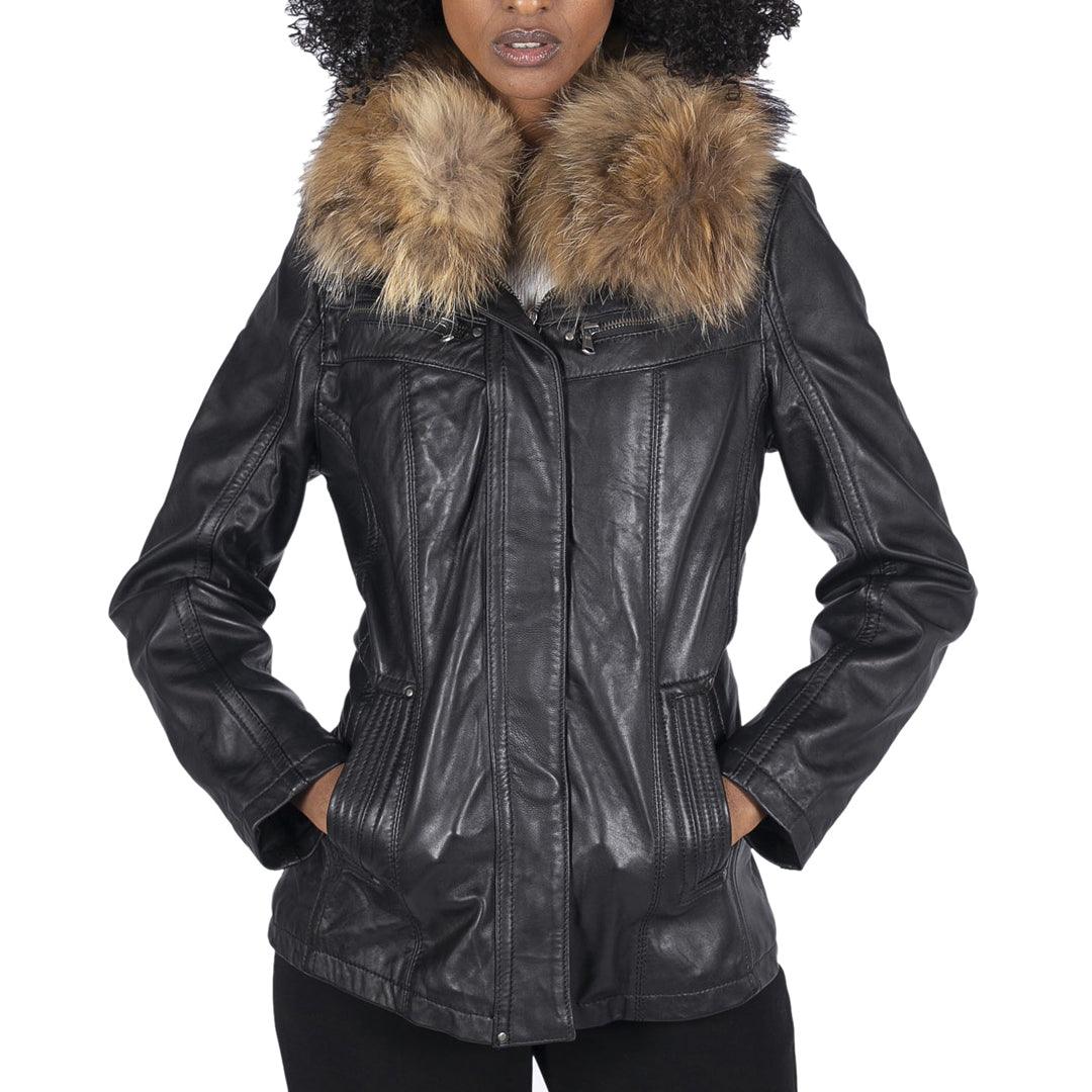 Classic Style Womens Real Leather Short Parka Jacket Coat Fur Hood Zipped Brown Tan Black Classic Style Womens Real Leather Short Parka Jacket Coat Fur Hood Zipped Brown Tan Black
