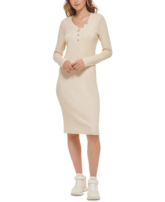 Women's Henley-Neckline Long-Sleeve Ribbed Dress