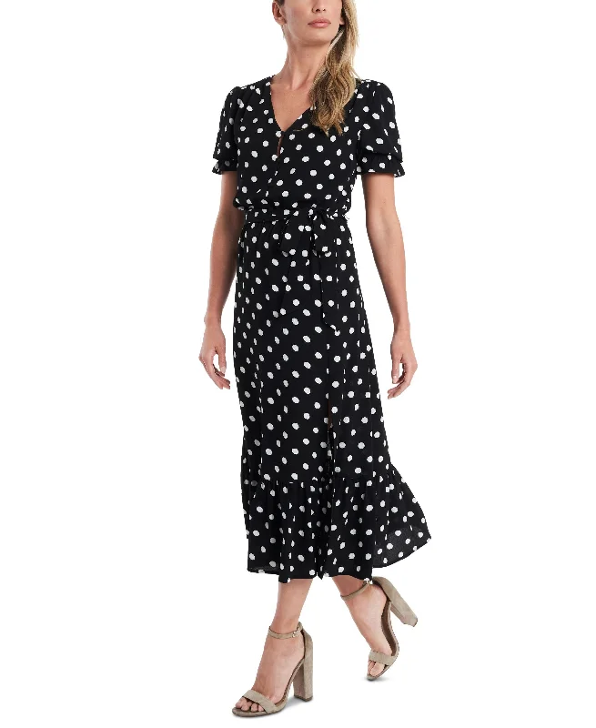 Women's Short Sleeve Polka-Dot Tie-Waist Midi Dress