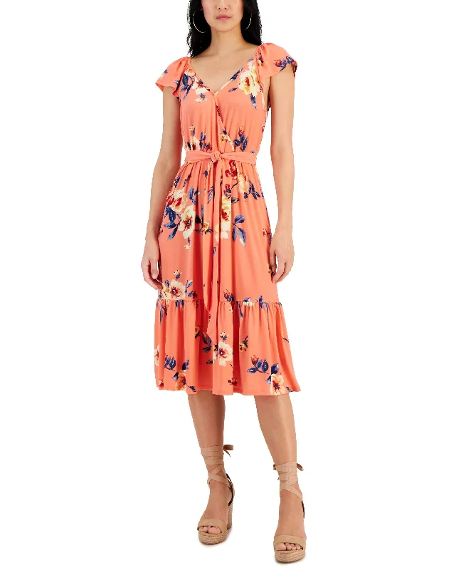 Women's Surplice Flutter-Sleeve Tiered Midi Dress