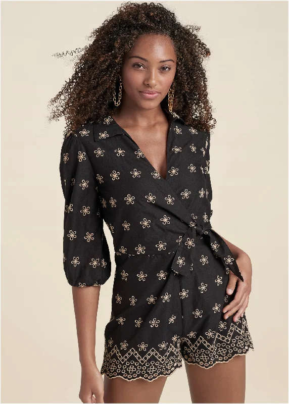 Eyelet Wrap Tie Romper - Black & Taupe