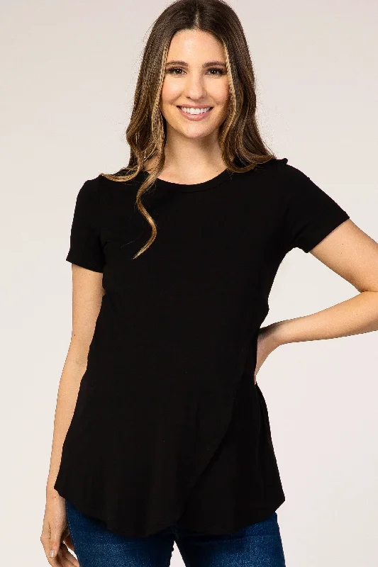 Noble Temperament Black Layered Wrap Front Maternity Nursing Top
