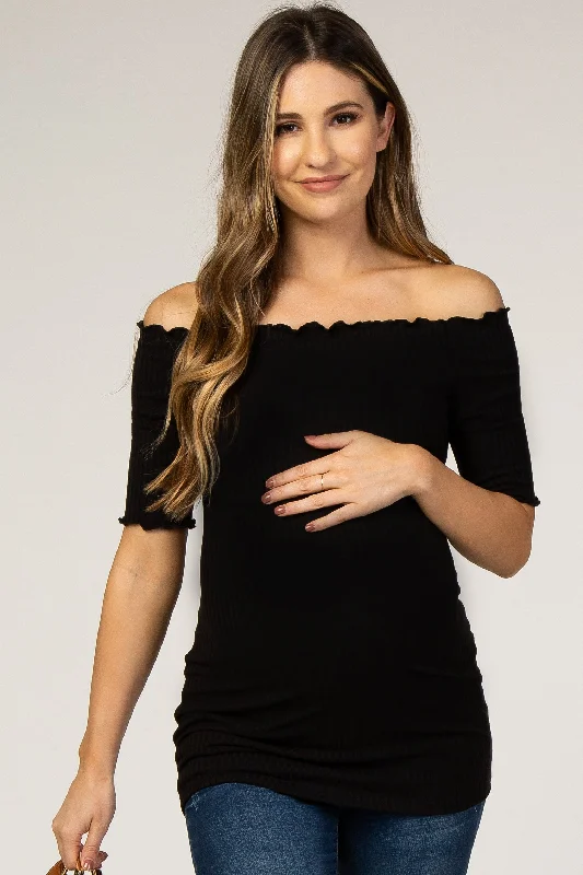 Cool Breeze At Night Black Off Shoulder Lettuce Maternity Top