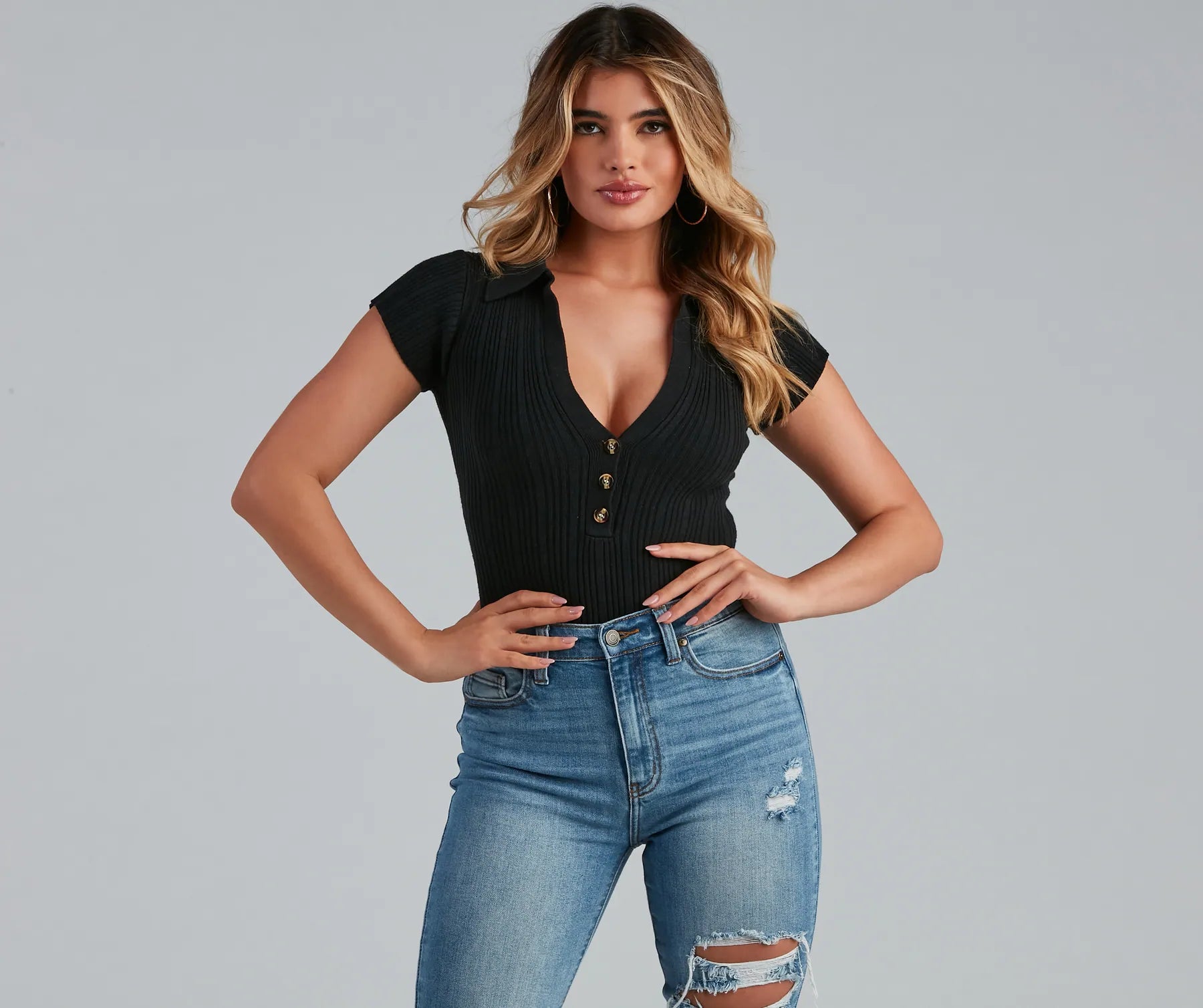 Slim Fit Cute Casual Collared Knit Bodysuit