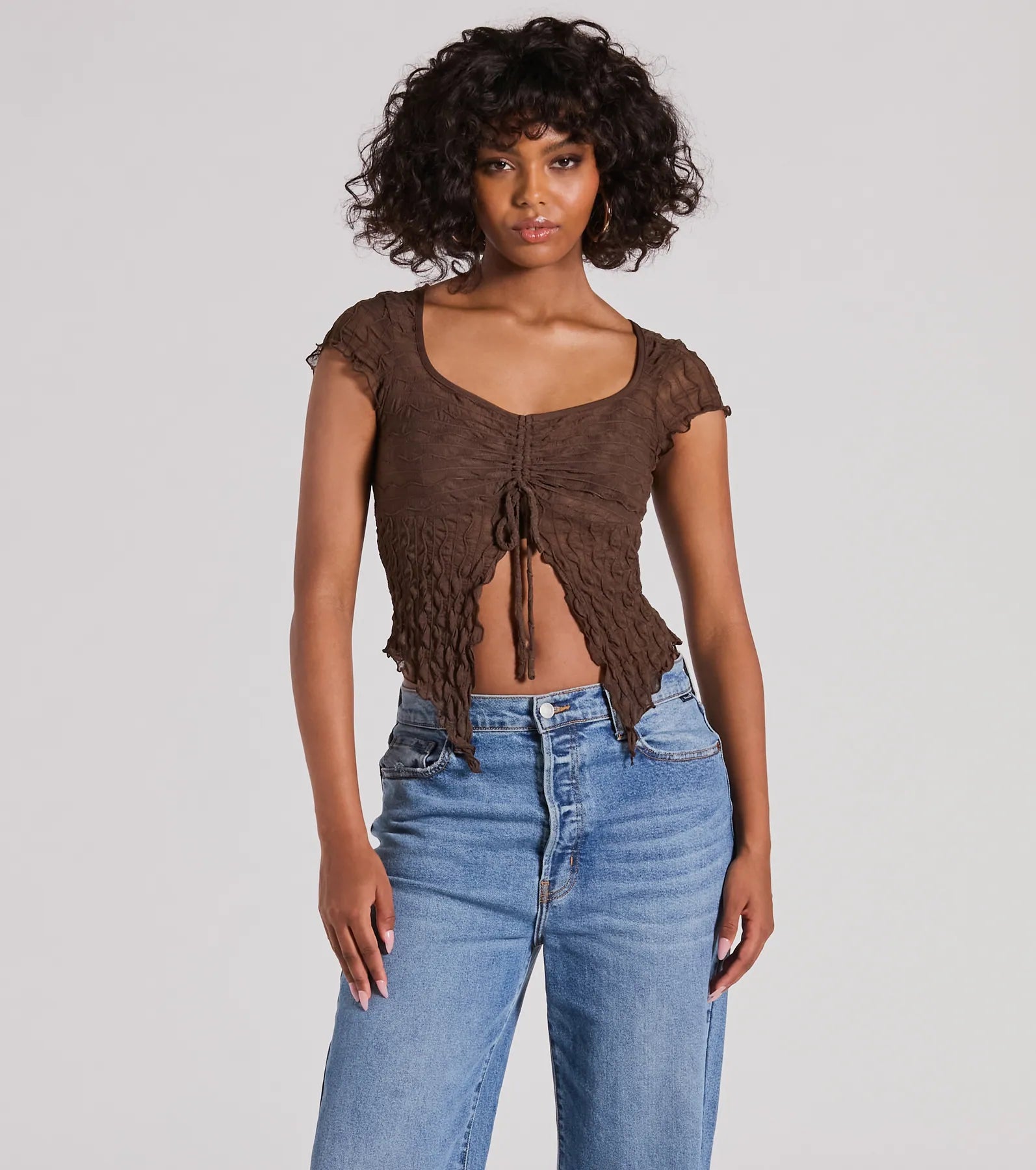 Flirty Expert Short Sleeve Slit Texture Crop Top