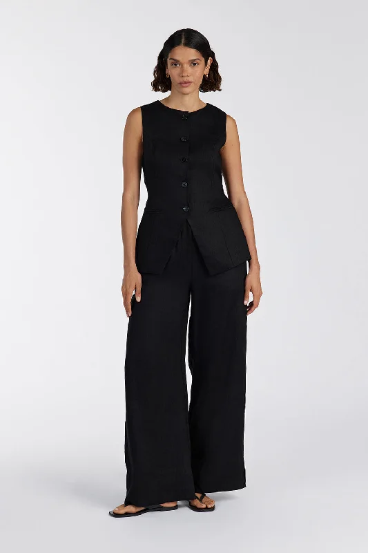 Exquisite Craftsmanship GINA BLACK LINEN ELASTIC WAIST PANT