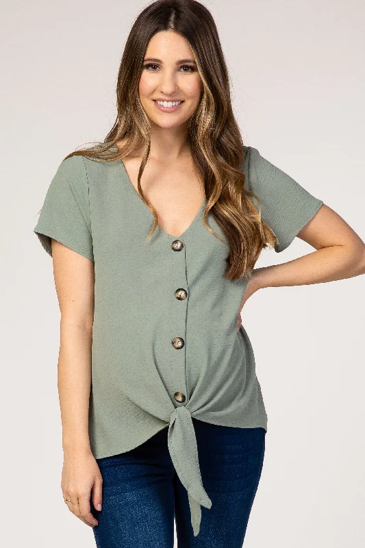 Elegant Style Green Button Tie Front Maternity Top
