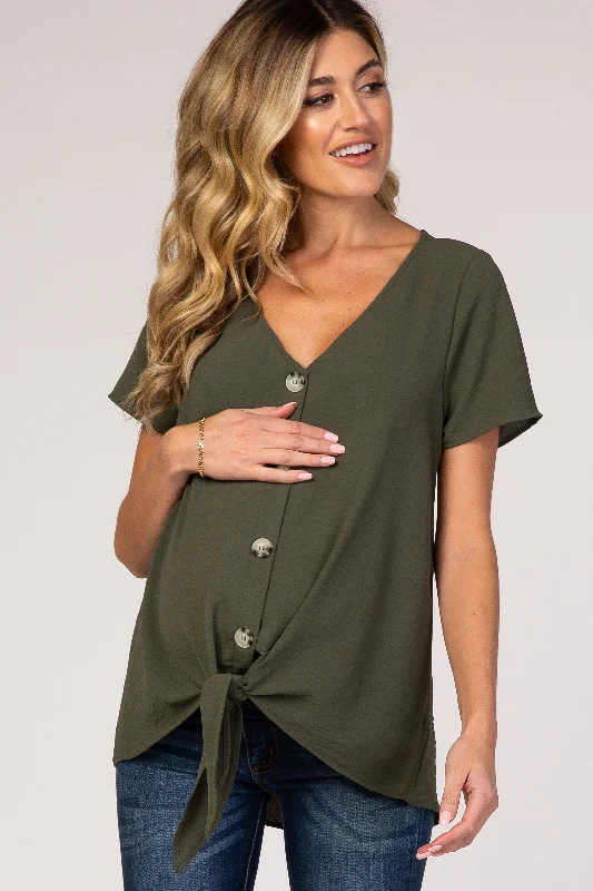 Trendy Items Light Olive Button Tie Front Maternity Top