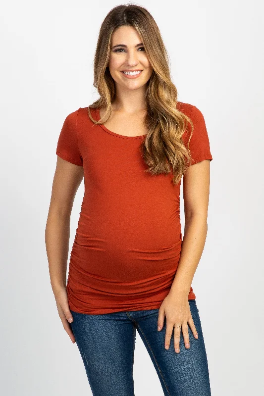 Designer Style PinkBlush Rust Ruched Short Sleeve Maternity Top