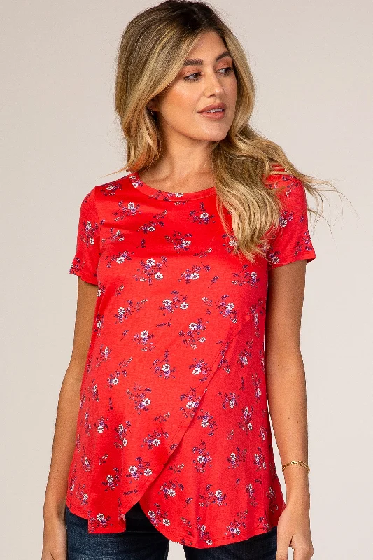 High-waisted pants style Red Floral Draped Maternity/Nursing Top