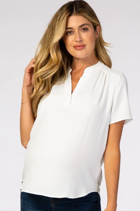 Fashionable and versatile White Short Sleeve V-Neck Maternity Blouse