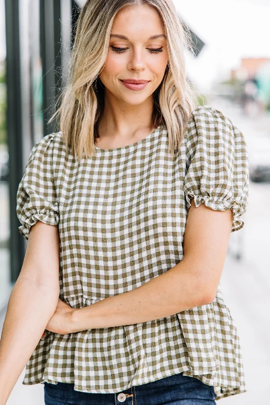 High-end atmosphere Work For You Olive Green Gingham Top